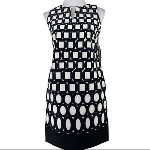 Studio I Petite Womens Black White Geometric Split Neck Shift Dress 4P 87646 NEW